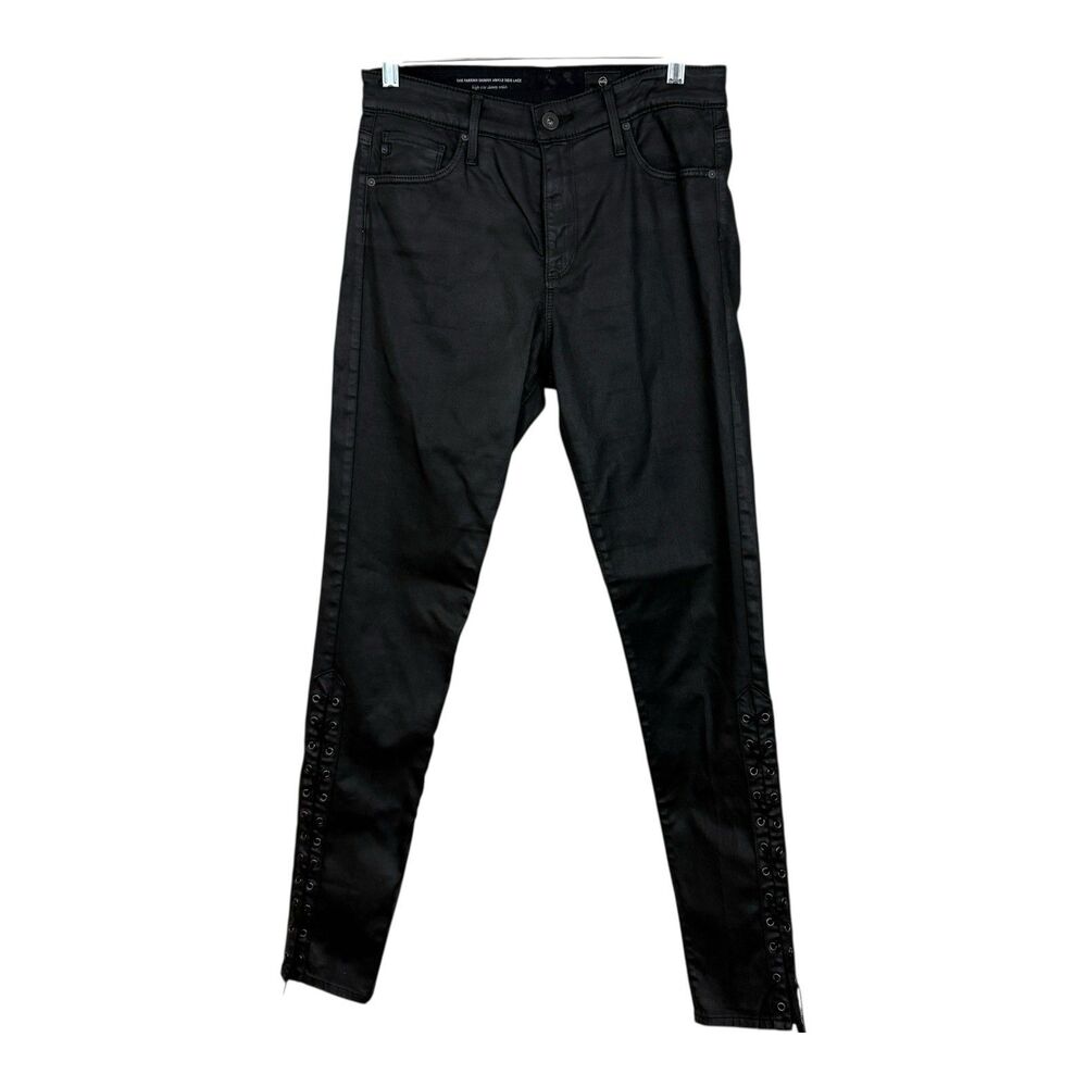 AG Goldschmied Farrah Skinny Ankle Side Lace Pants Sz 28R Black Coated Moto